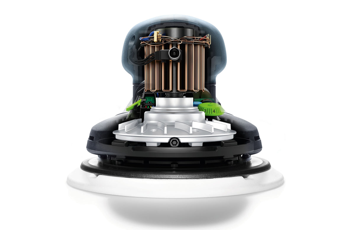 Festool ETS 150/5 Random Orbital Sander in Systainer, angled view showcasing high-quality sanding stroke