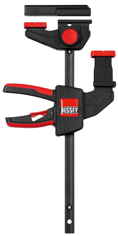 Bessey Set of 2 One-Handed Table Clamps 150mm Opening in use on work table with guide rail attached