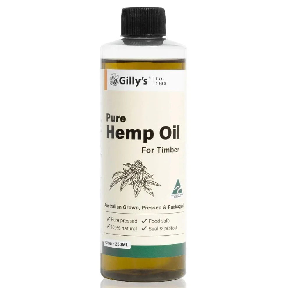 Gilly's Pure Hemp Oil Natural Finish for Timber 250mL bottle on wooden surface