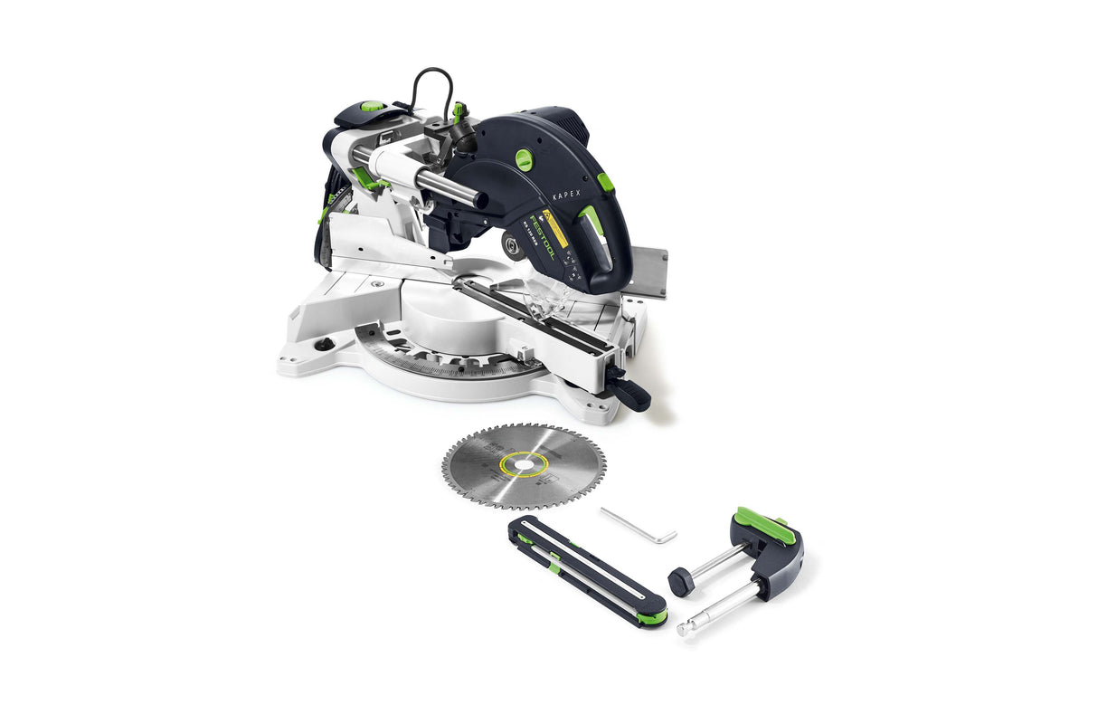 Festool KS 120R KAPEX 260mm sliding compound mitre saw in action, showcasing precision cutting capabilities