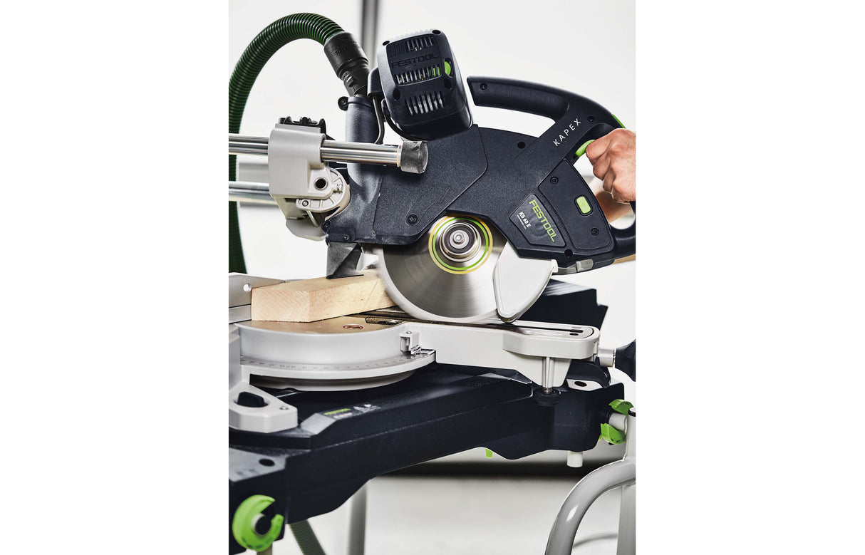 Festool KS 60 KAPEX 216mm Slide Compound Mitre Saw with LED Spotlight in use on a woodworking project