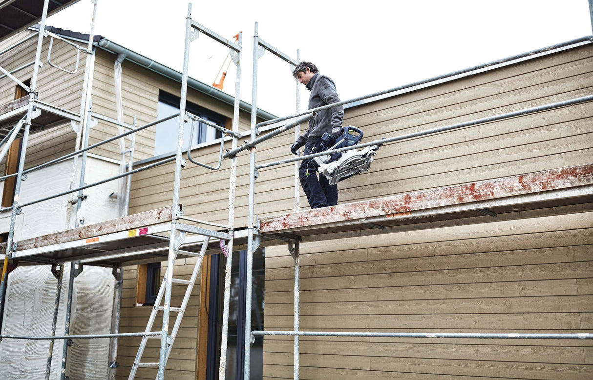 Festool KS 60 KAPEX 216mm Slide Compound Mitre Saw with LED Spotlight in action, showcasing precision woodworking capabilities