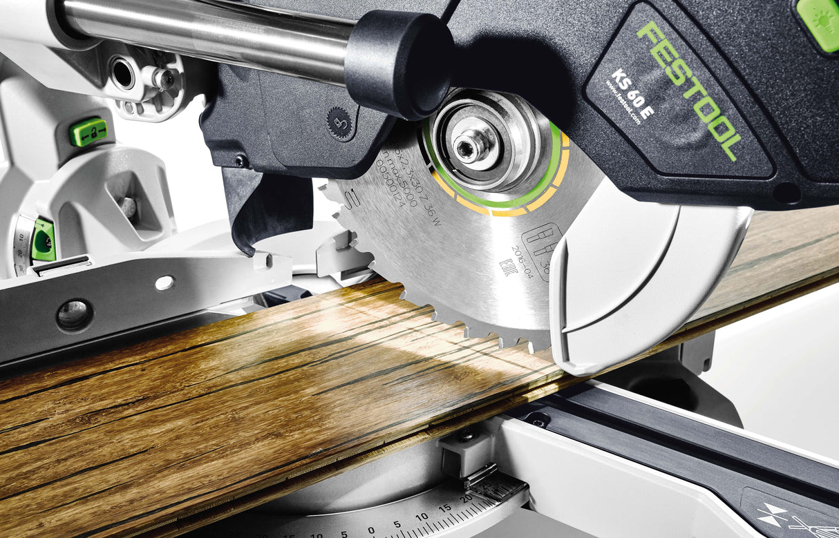 Festool KS 60 KAPEX 216mm Mitre Saw with LED Spotlight in action, showcasing precision cutting and ergonomic design