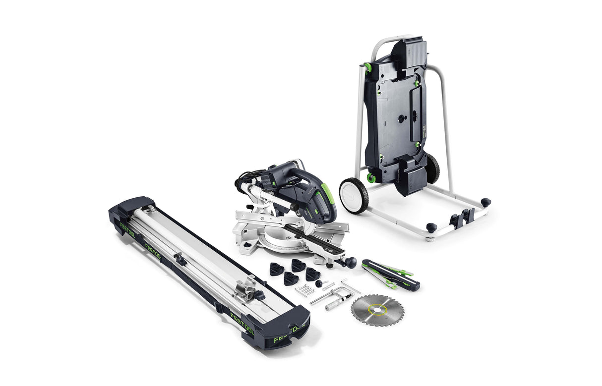 Festool KS 60 KAPEX 216mm Slide Compound Mitre Saw with LED Spotlight Set, showcasing precision engineering and LED lighting