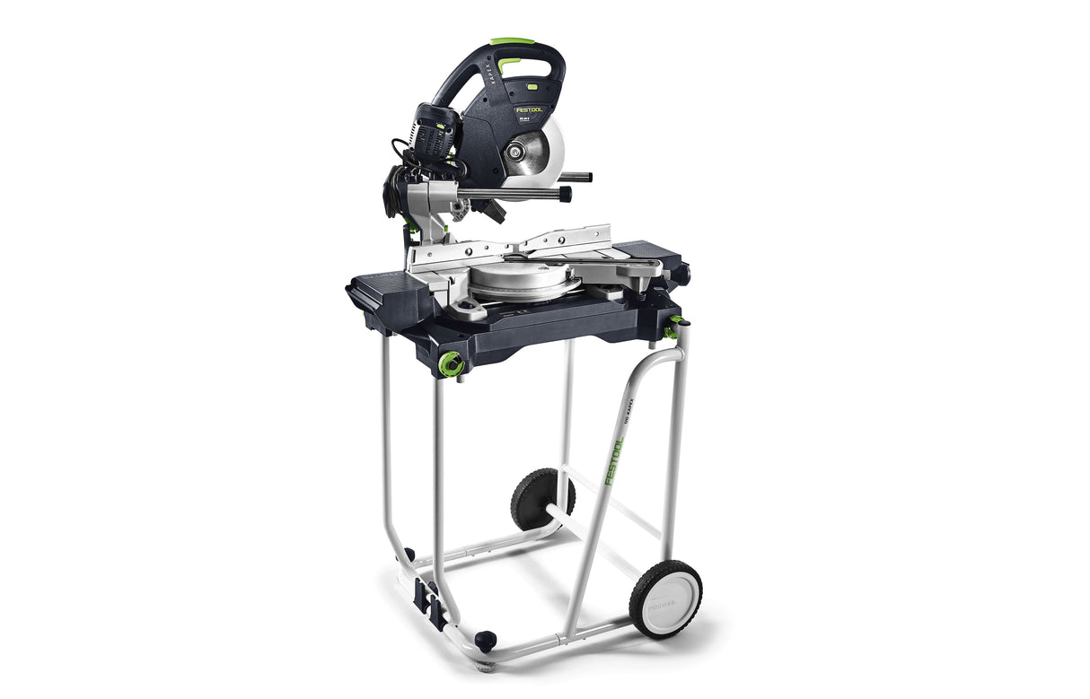 Festool KS 60 KAPEX 216mm Mitre Saw Set with LED Spotlight in action, showcasing precision cutting capability