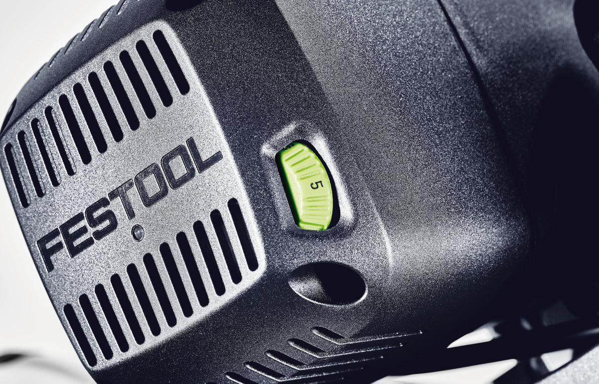 Festool KS 60 KAPEX 216mm Slide Compound Mitre Saw with LED Spotlight - Angled view showing compact design and LED spotlight feature