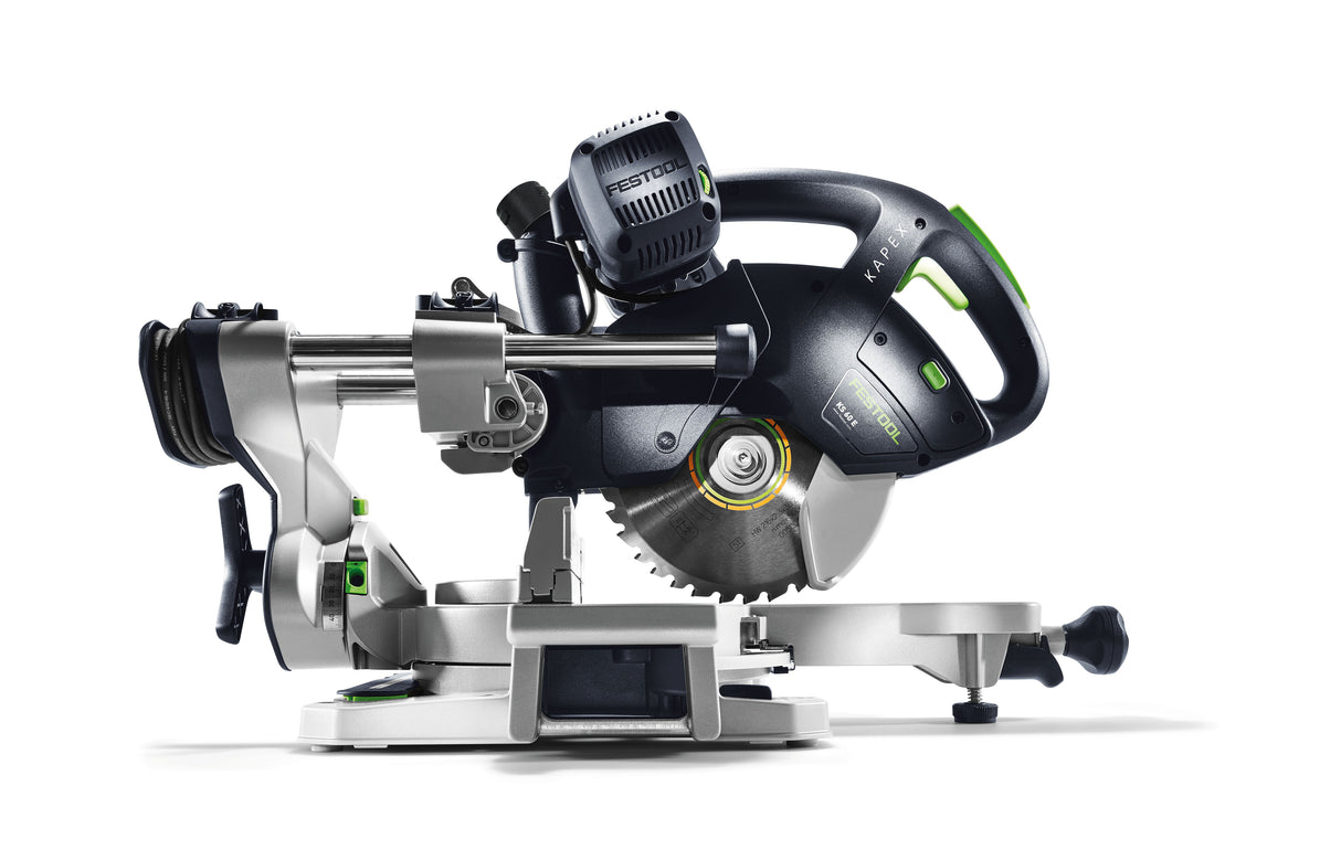 Festool KS 60 KAPEX 216mm Slide Compound Mitre Saw, angled view with LED spotlight
