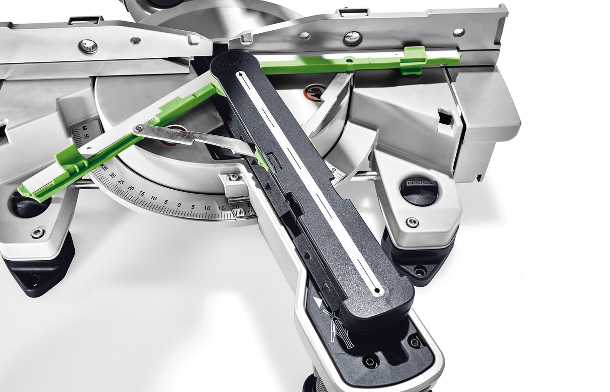 Festool KS 60 KAPEX 216mm Slide Compound Mitre Saw with LED Spotlight - Side view showcasing precision cutting capabilities