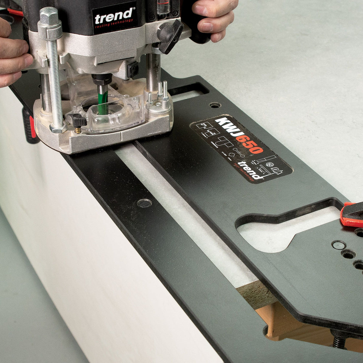 Trend 650mm Kitchen Worktop Router Jig in use, showing precise routing capabilities