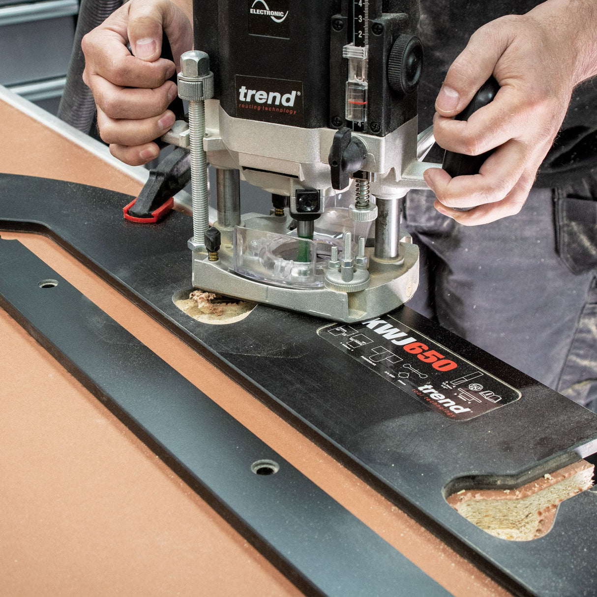 Trend 650mm Kitchen Worktop Router Jig in action, accurately fitting kitchen worktops with precision