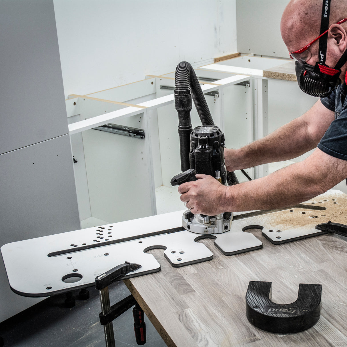 Trend 950mm Professional Kitchen Worktop Router Jig, angled view showing precision CNC-machined Compact Grade HPL construction