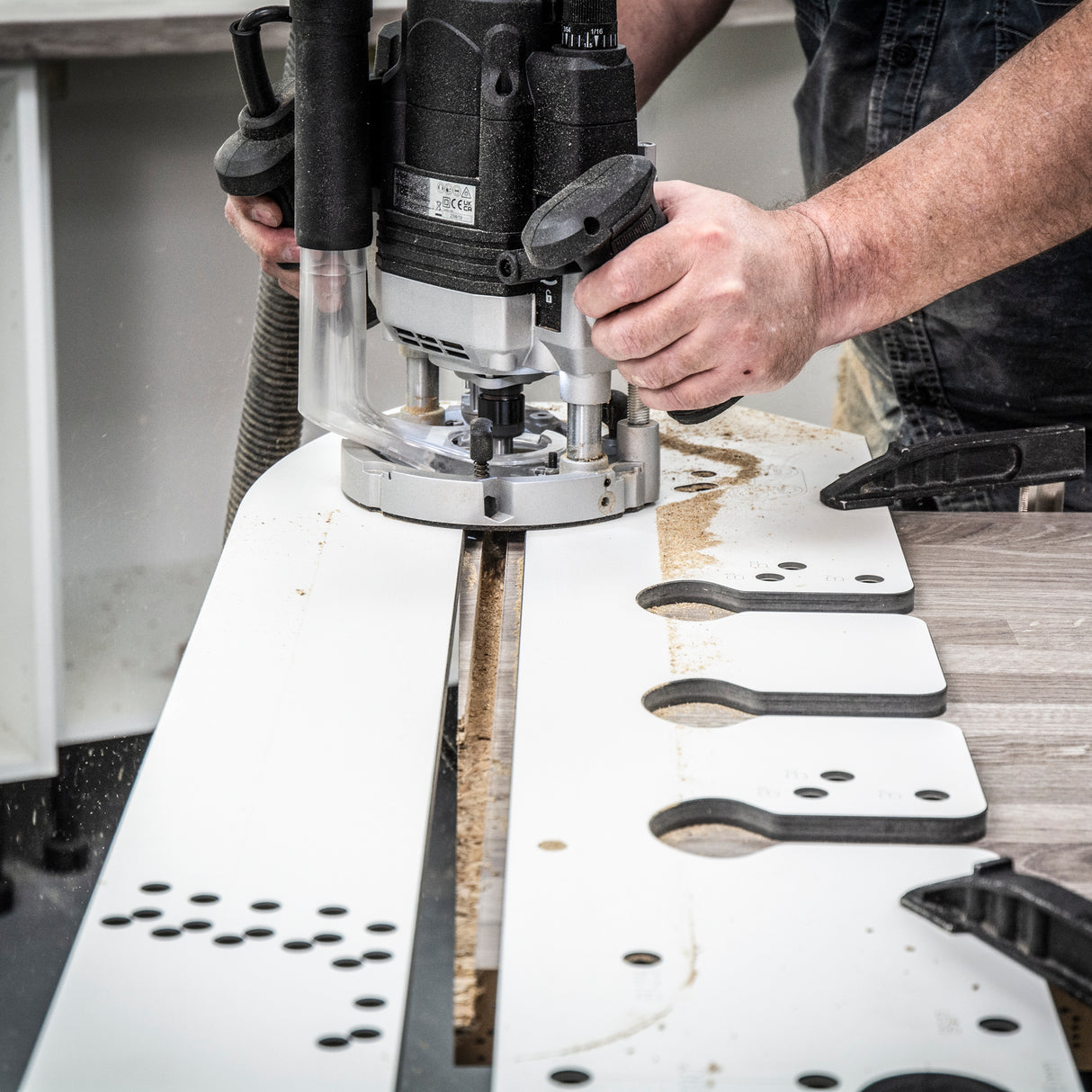 Trend 950mm Professional Kitchen Worktop Router Jig in action on timber surface