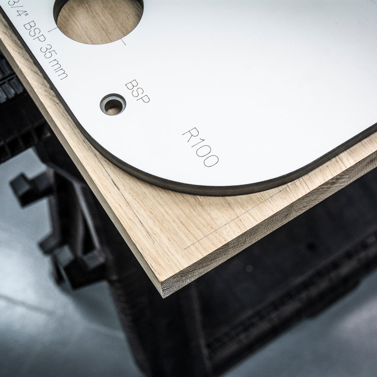 Trend 950mm Professional Kitchen Worktop Router Jig in use on timber surface