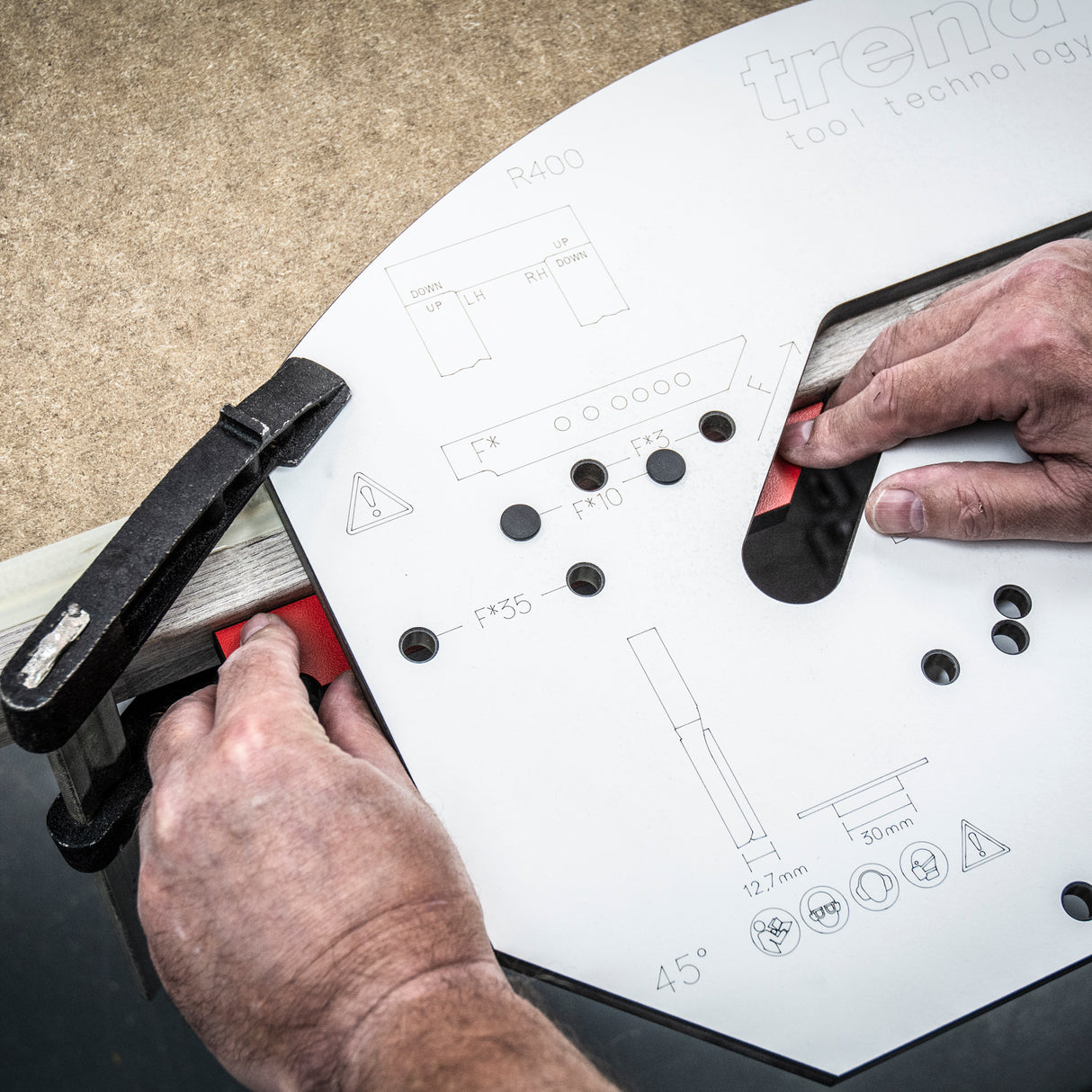 Trend 950mm Professional Kitchen Worktop Router Jig in use on timber surface