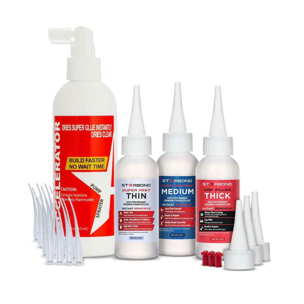 Starbond 2oz Thin, Medium, Thick CA Super Glue and Accelerator Bundle bottles and pump