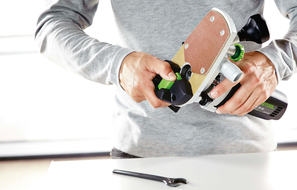 Festool MFK 700 Laminate Trimmer in Systainer, showing precise corner and edge trimming application
