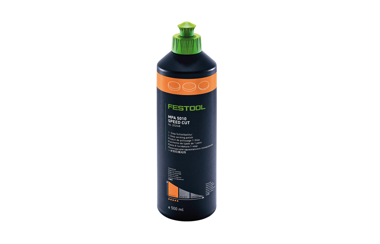Festool MPA 5010 Speed Cut Sanding Polish Orange 500mL in action, polishing wood surface with high gloss finish