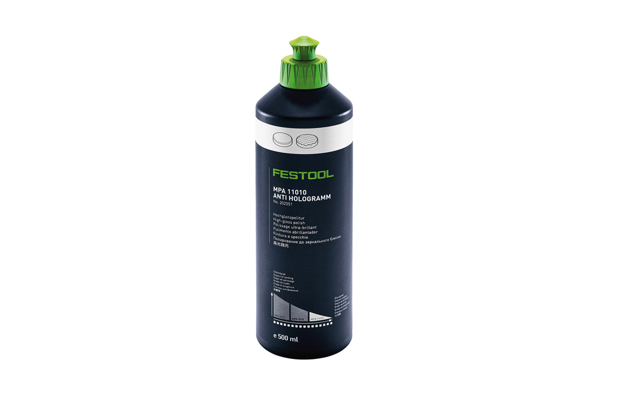 Festool MPA 11010 High Gloss Polish White 500mL bottle for achieving swirl-free finishes with a water-based formula