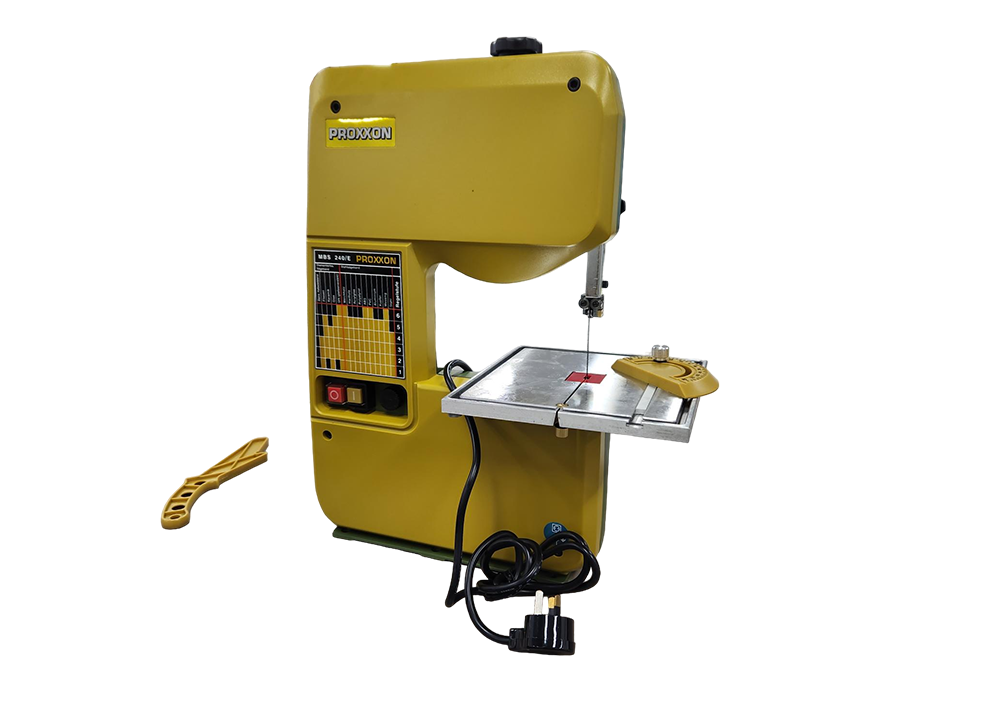 PROXXON MBS-240/E Micro Bandsaw in use cutting small wooden piece