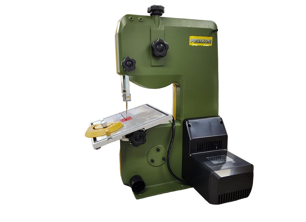 Compact PROXXON MBS-240/E 6.5in Micro Bandsaw in action cutting materials precisely