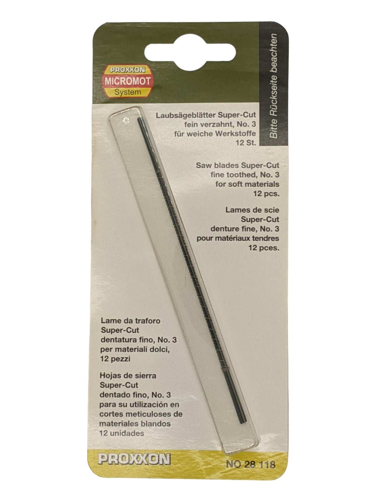 PROXXON Scroll Saw Blades Super-Cut Fine 20 TPI Pack of 12 in use on wood piece