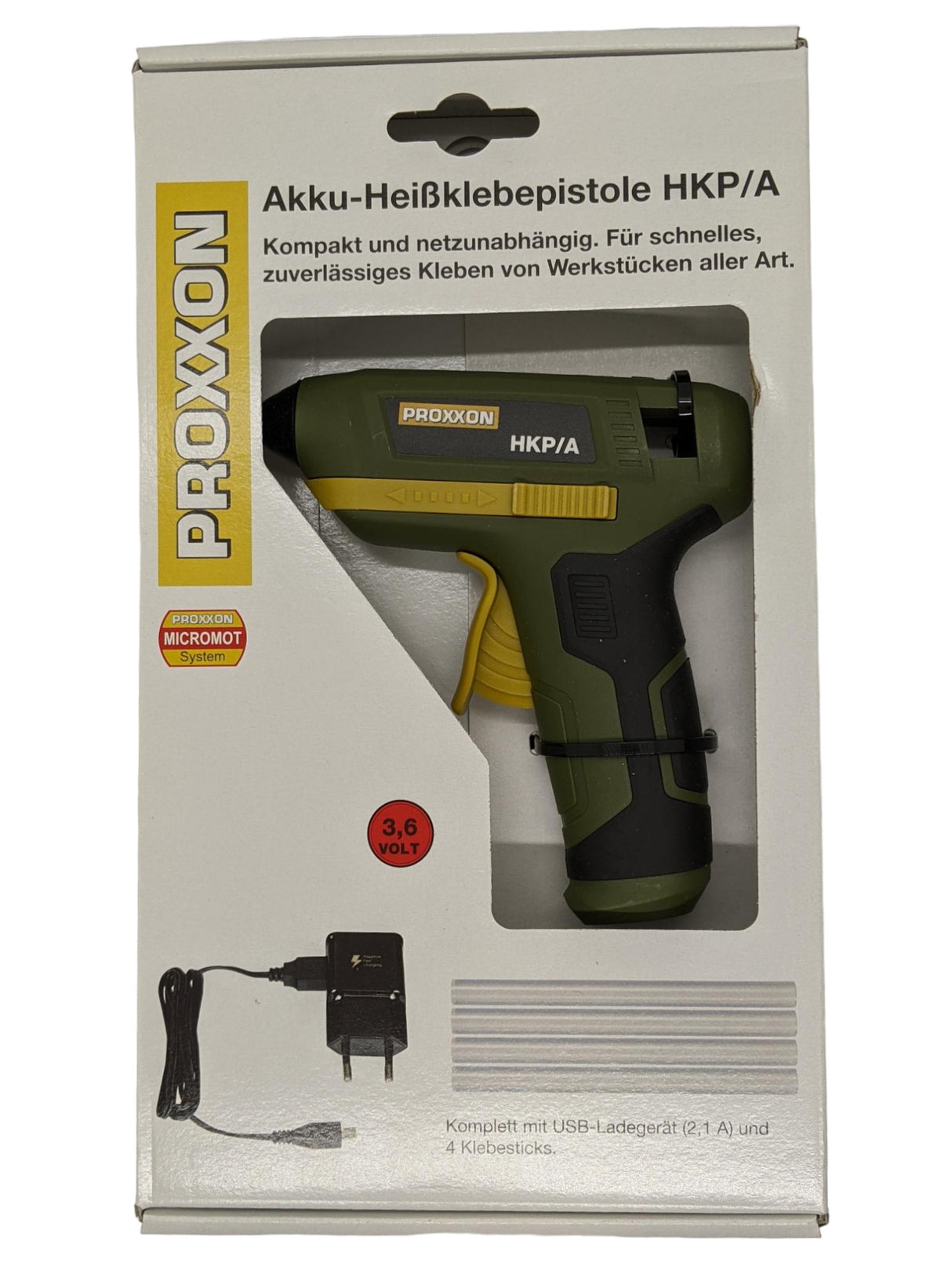 Compact battery-powered PROXXON HKP-A Hot Glue Gun in use on a woodworking project