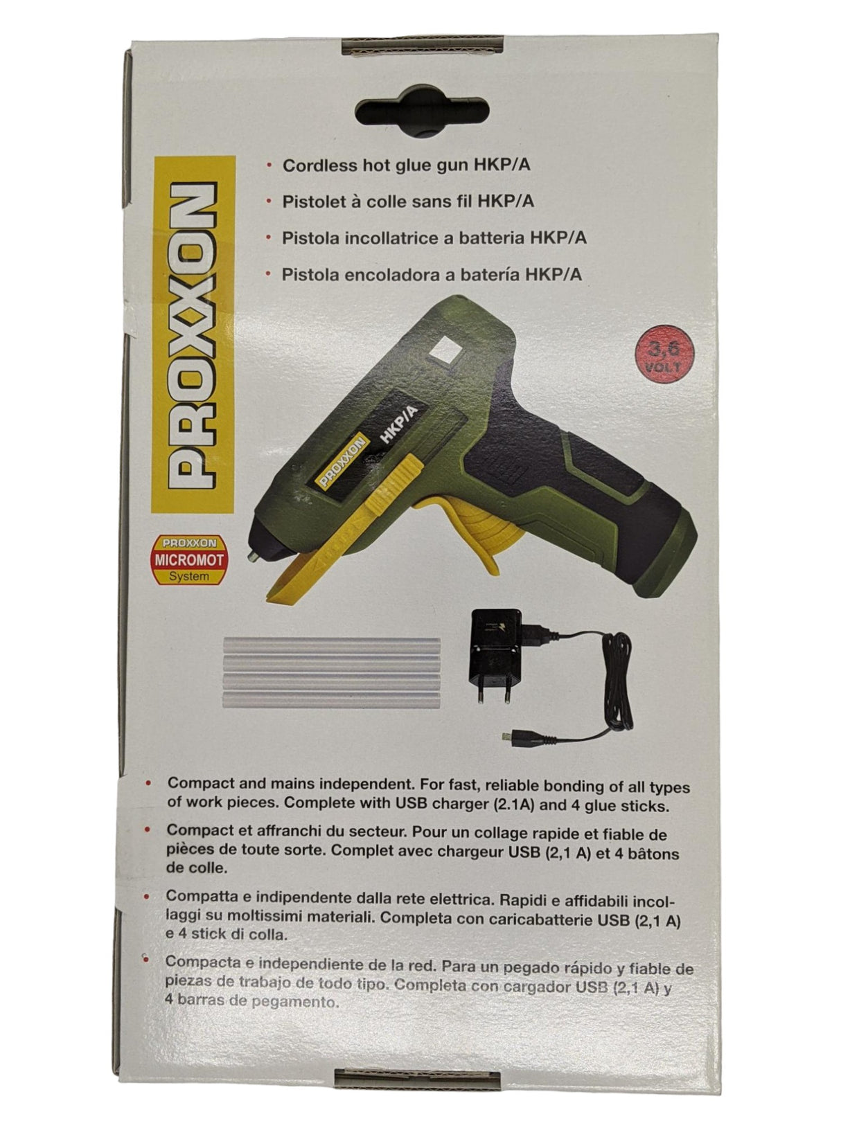 PROXXON HKP-A Hot Glue Gun Battery Powered 3.6V in use on a wooden surface