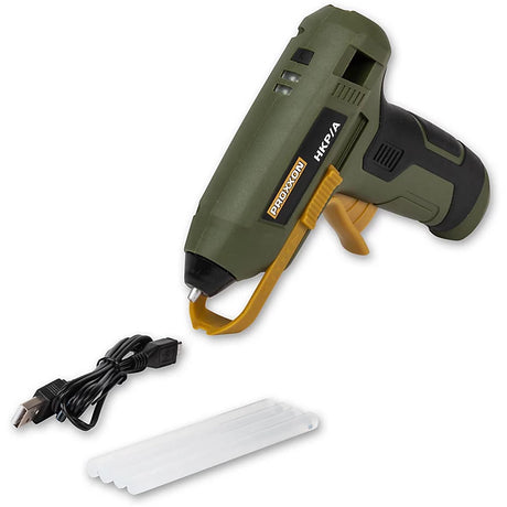 PROXXON HKP-A Hot Glue Gun Battery Powered 3.6V in use on wooden surface