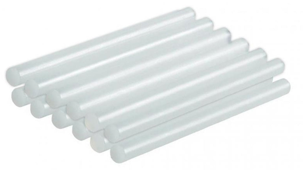 PROXXON 100mm Glue Sticks 7mm Diameter Pack of 12 for Hot Gluing - Pack of 12 hot glue sticks on a white background