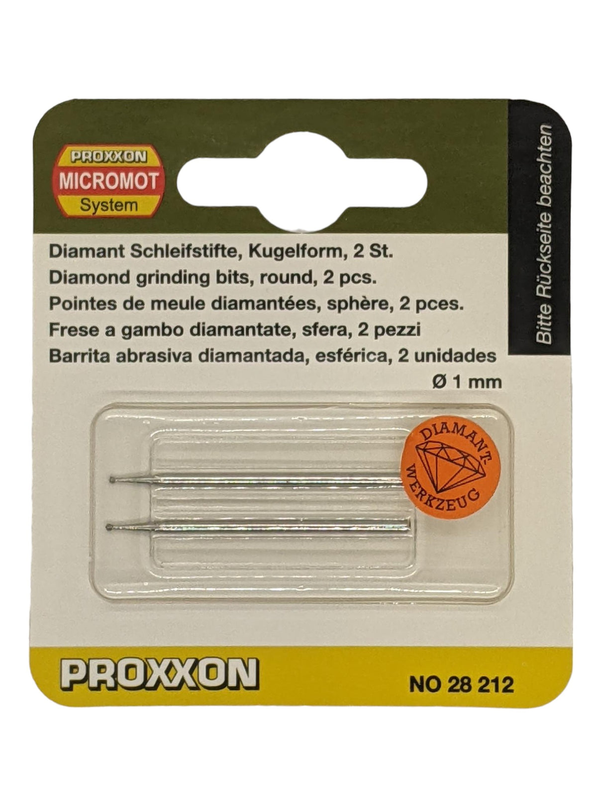 PROXXON 1.0mm Round Diamond Grinding Bits, stainless steel bodies and shafts, ideal for grinding steel, glass, ceramics