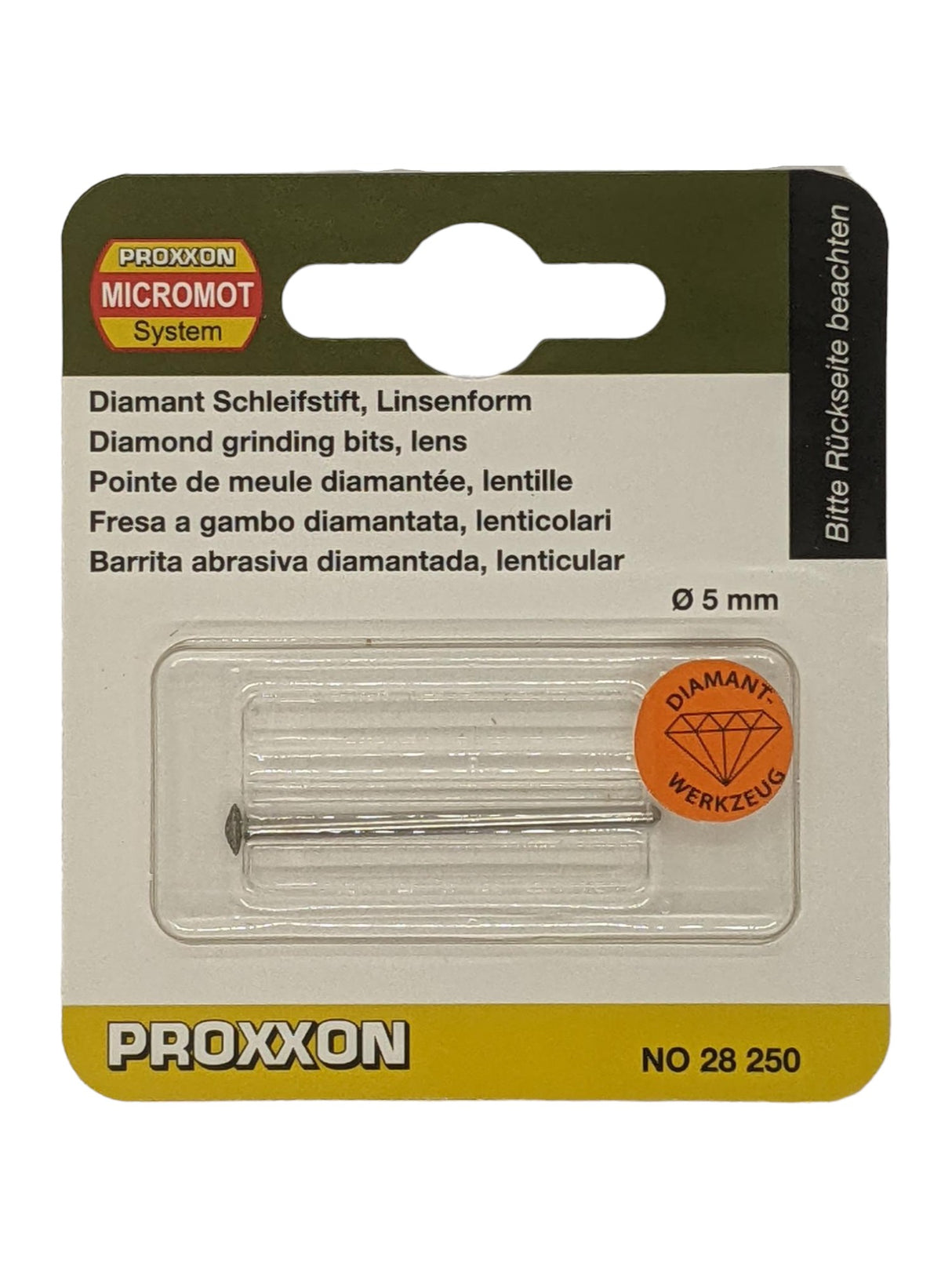 PROXXON 5mm Lens-profile Diamond Grinding Bit with stainless steel body and shaft. Ideal for grinding, engraving, and chiselling various materials
