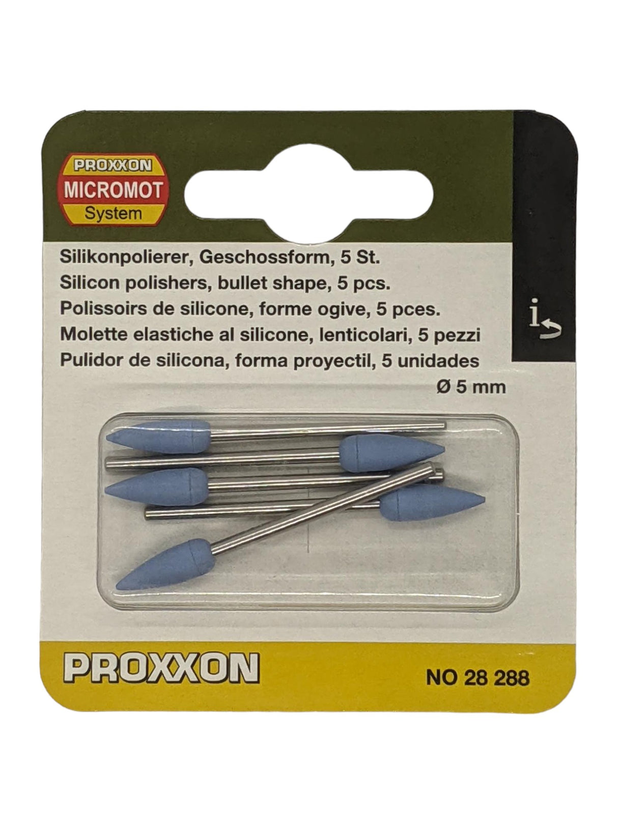 PROXXON 5mm Silicon Bullet Flexible Polishers, pack of five, for precise metal, glass, wood, and plastic polishing