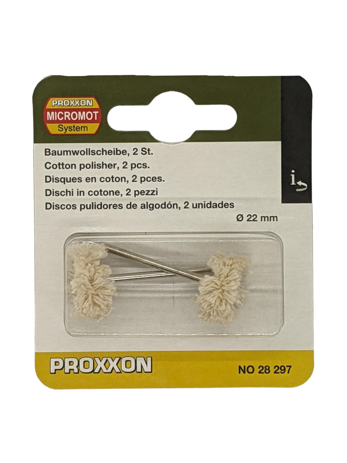 PROXXON 22mm Cotton Polishers for MICROMOT System - Pack of 2, versatile tools for metal and wood polishing