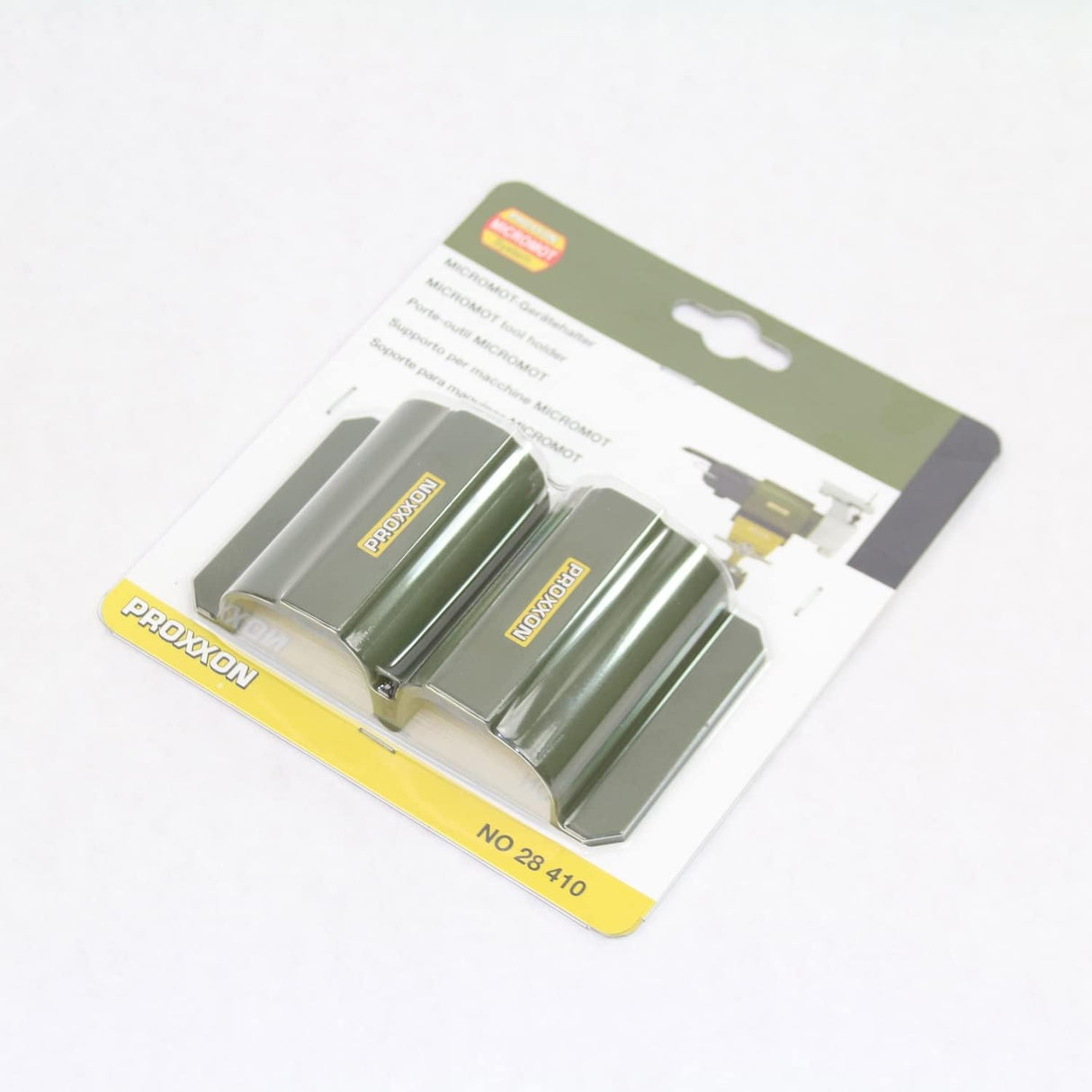 PROXXON Tool Holder for MICROMOT System Tools in use on workbench