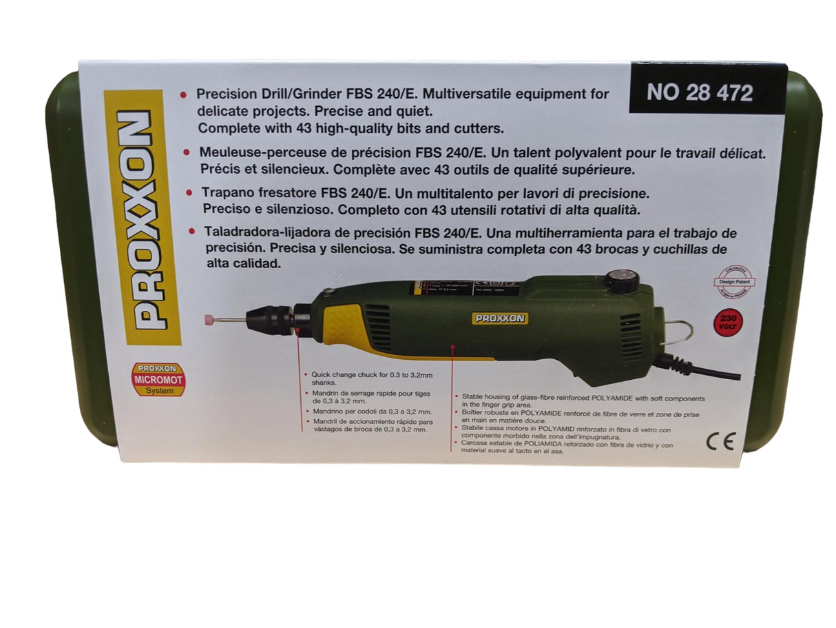 PROXXON FBS-240/E Precision Rotary Tool Kit in action, showcasing its powerful 100W motor for drilling and grinding tasks