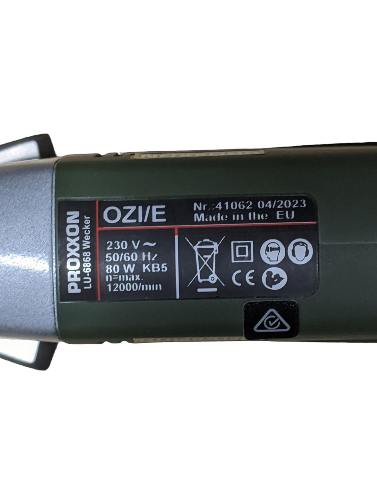 PROXXON OZI/E Delta Sander Corded 80W with Sanding Pads, showing close-up of die-cast zinc gear head