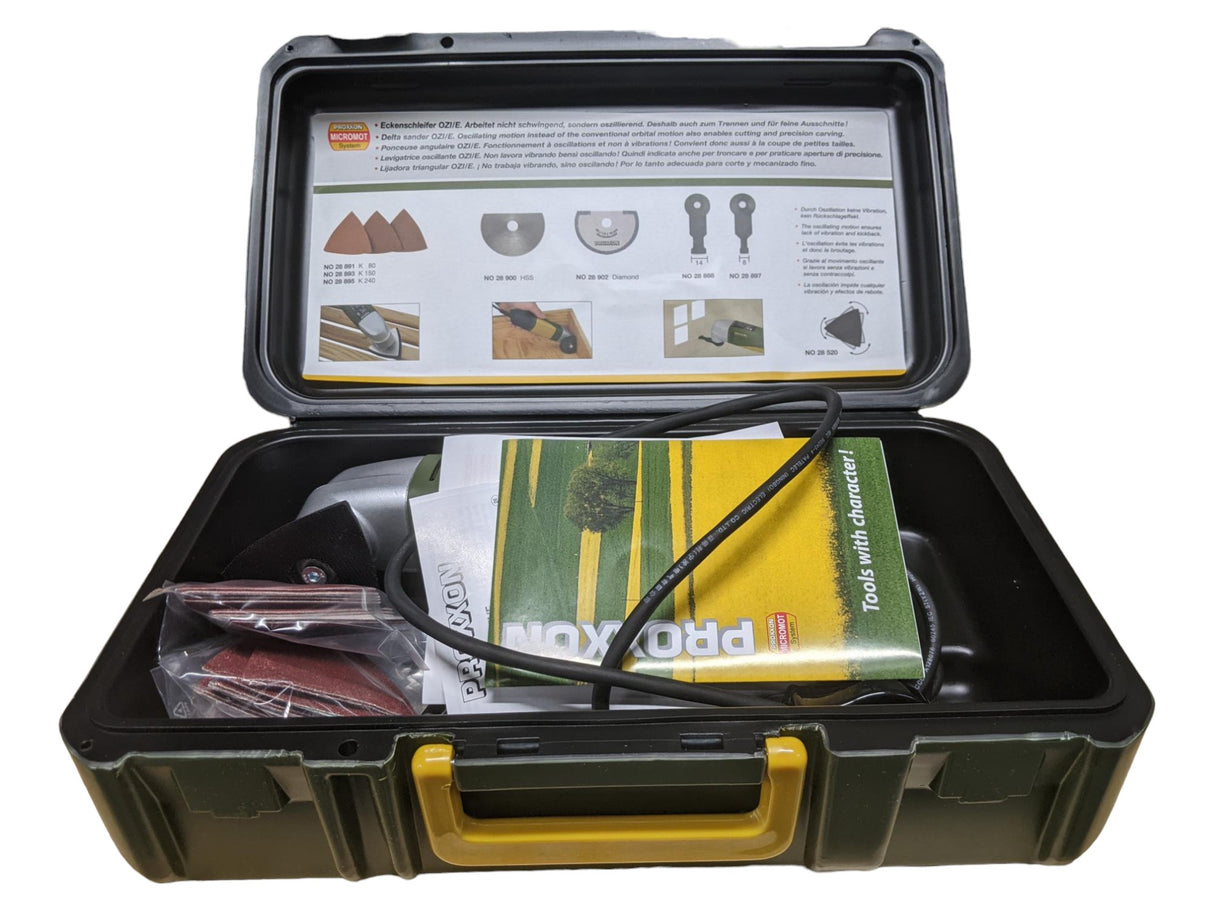 PROXXON OZI/E Delta Sander Corded 80W with Sanding Pads in use on a wooden surface