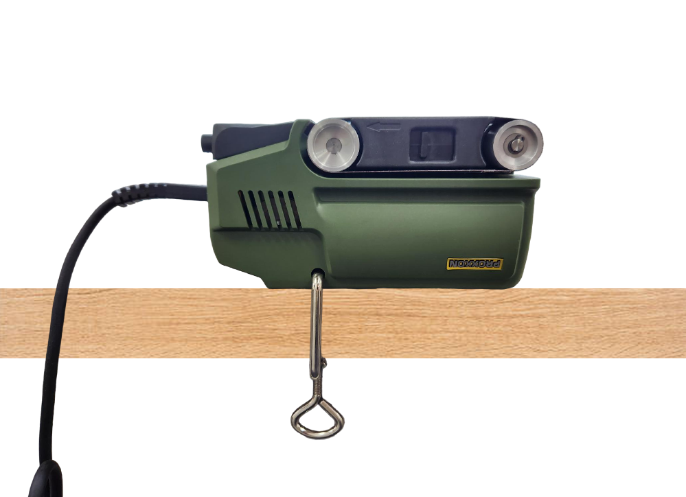 PROXXON BBS/S Palm Belt Sander 150W: Left-aligned sanding belt for precise corner work, easy tool-free belt replacement
