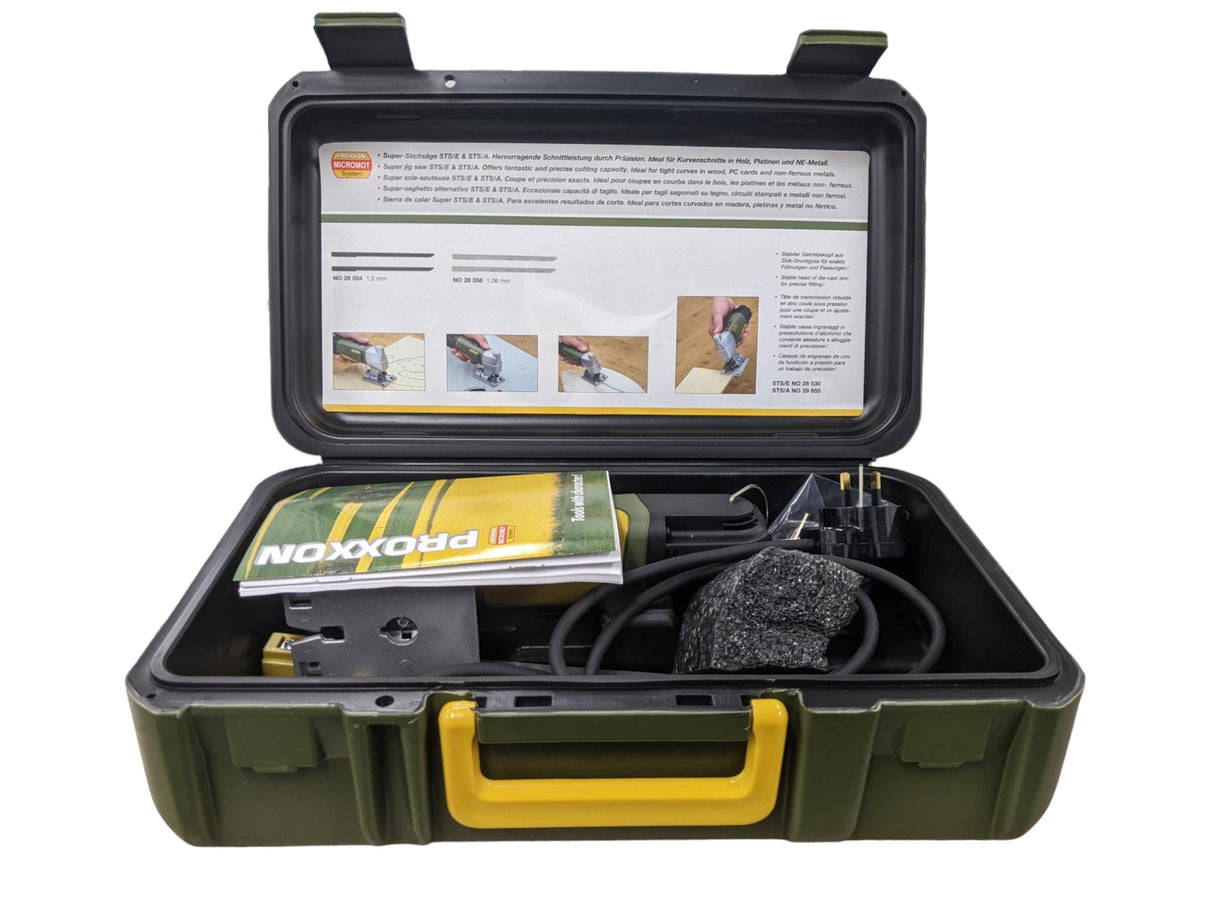 PROXXON STS/E Super Jig Saw Kit 80W, angled view, showcasing durable glass-fibre reinforced polyamide body
