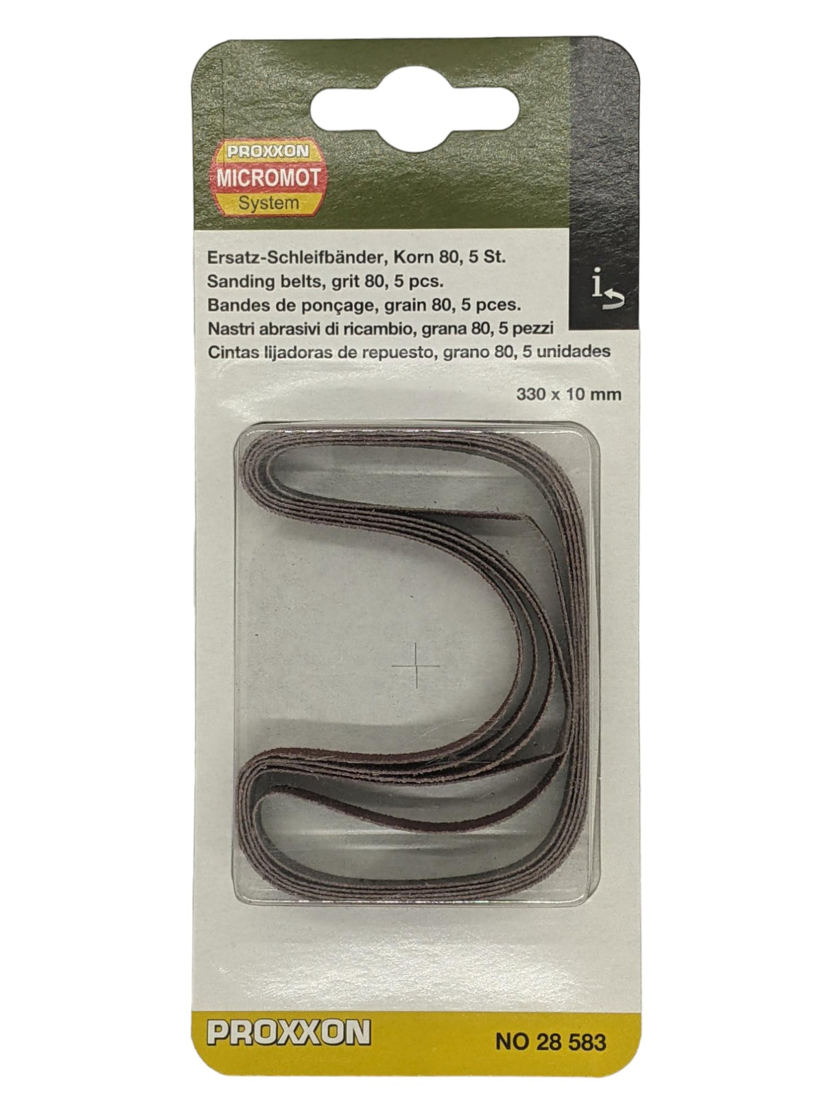 PROXXON Corundum Sanding Belts for BS/A Power File Belt Sander, Pack of 5, Image 3 - Detail of sanding belt in action