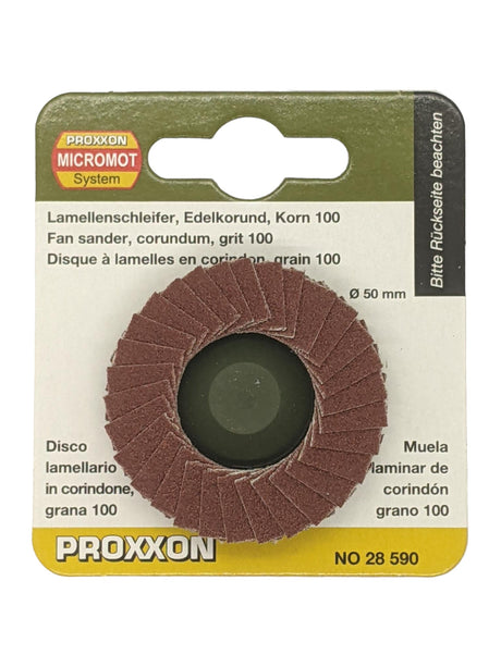 PROXXON Corundum Fan Sanding Discs 100 Grit in action on stainless steel with Long Neck Angle Grinder