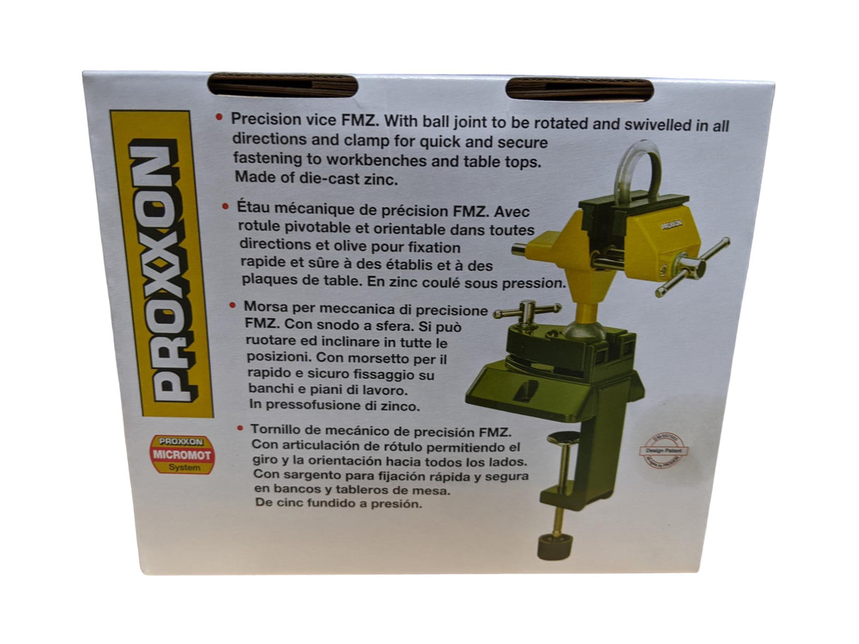 Proxxon Precision Vice 70mm Universal Holder in action, showing 360-degree rotation and 90-degree tilting capabilities