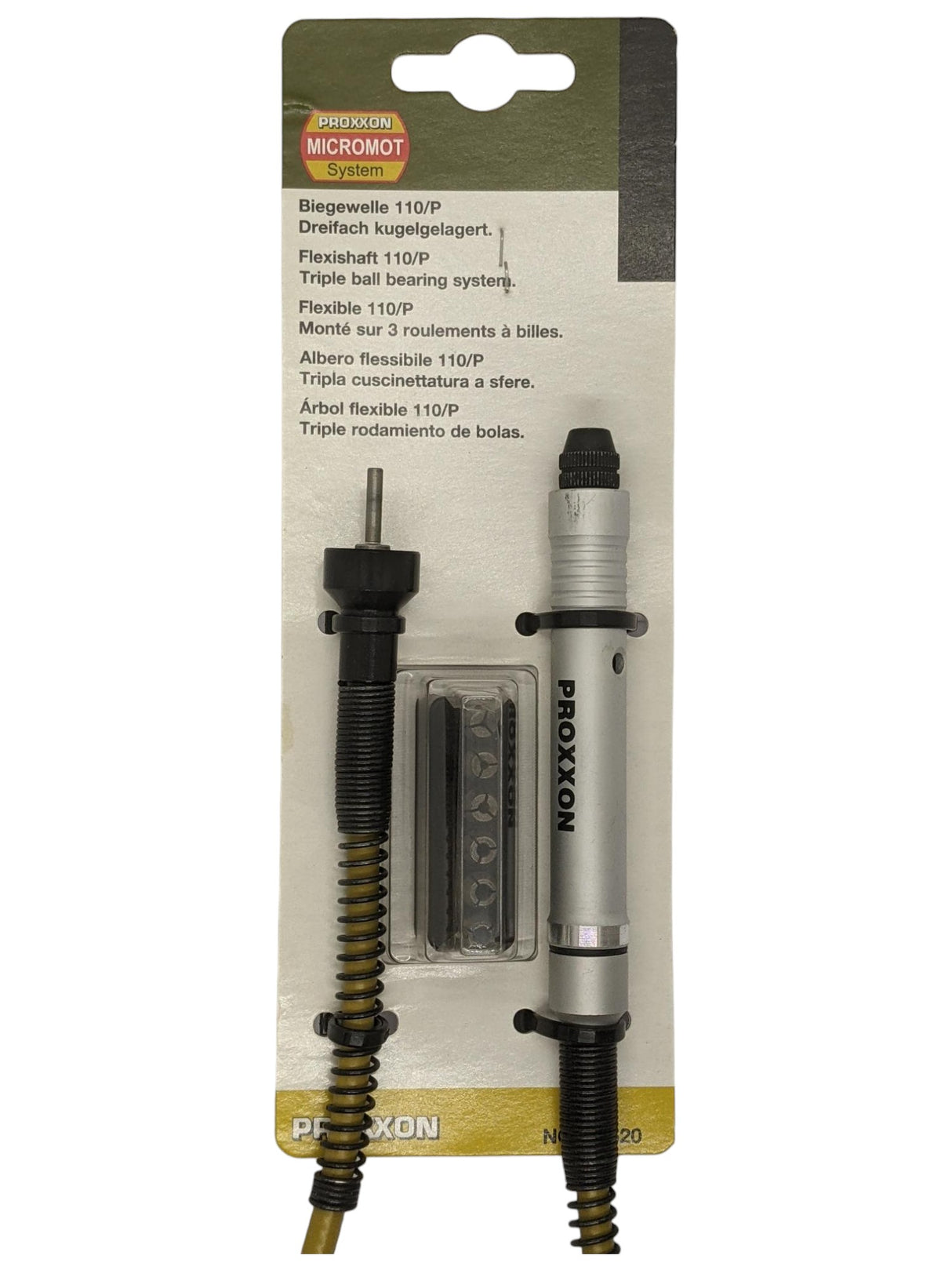 PROXXON MICROMOT 110/P Flexishaft Rotary Tool Extension showing six collets and 1m length