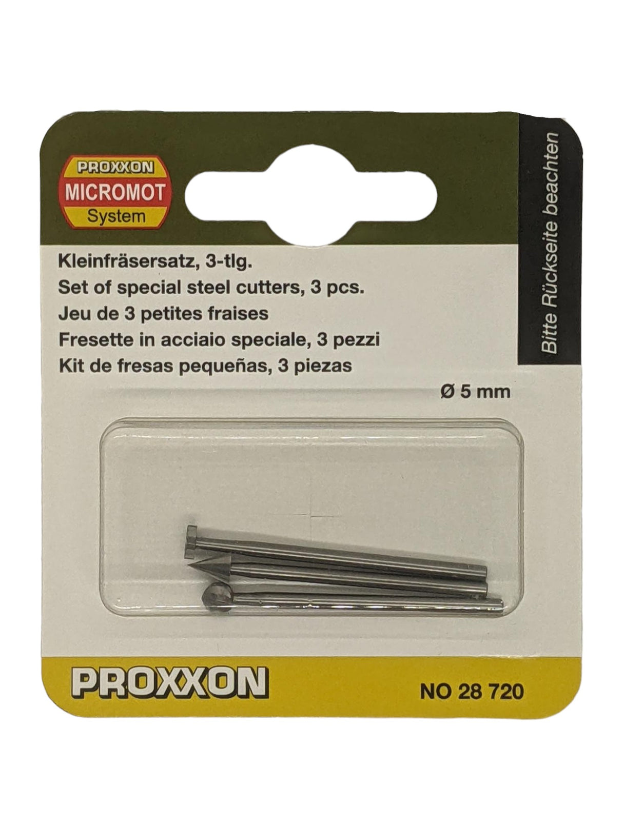 PROXXON Tungsten Vanadium Milling Bits 5mm Pack of 3 assorted shapes woodworking tools close-up