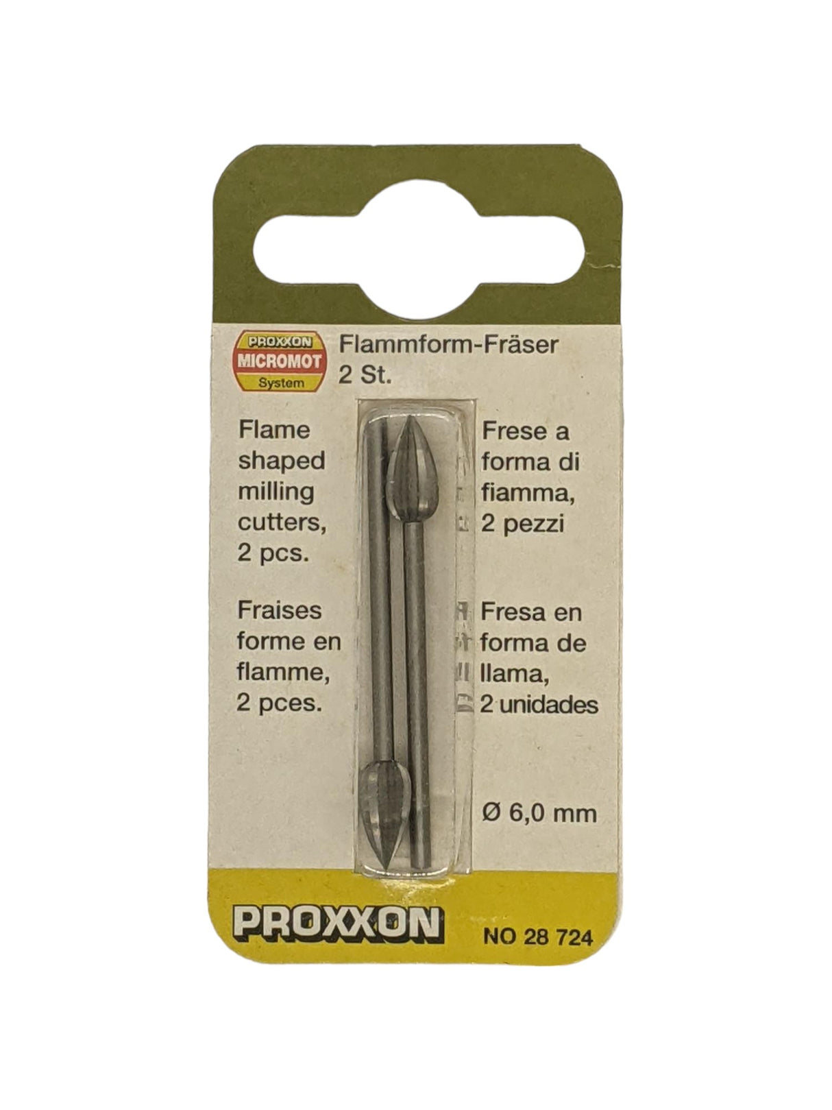 PROXXON 6mm Tungsten Vanadium Flame Milling Bits Pack of 2 for precision woodworking