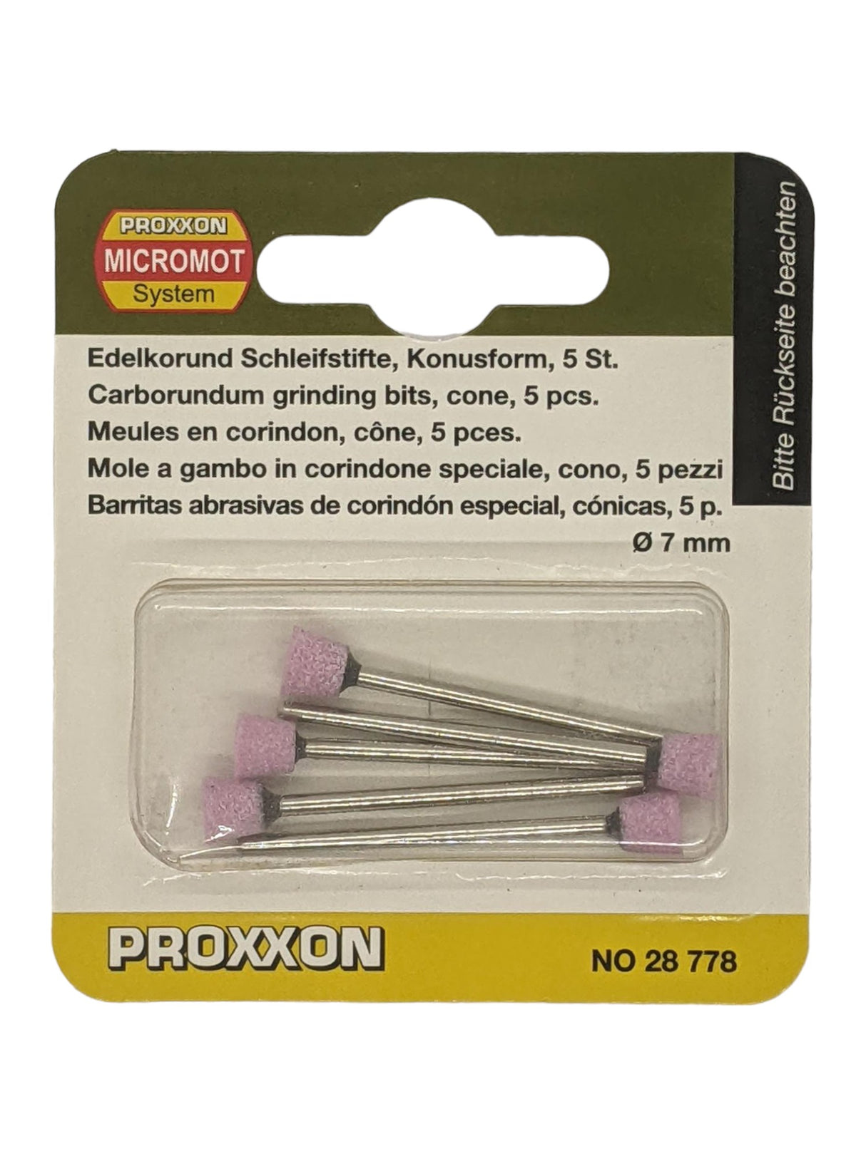 PROXXON 7mm Cone Corundum Grinding Bits Pack of 5 in use on metal surface