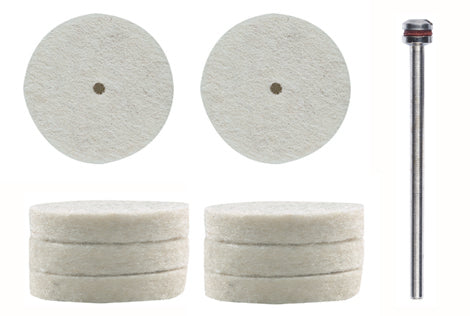 PROXXON Felt Polishers 22mm Cylindrical Pack of 10 in use on metal, ceramics, porcelain, wood, and plastics