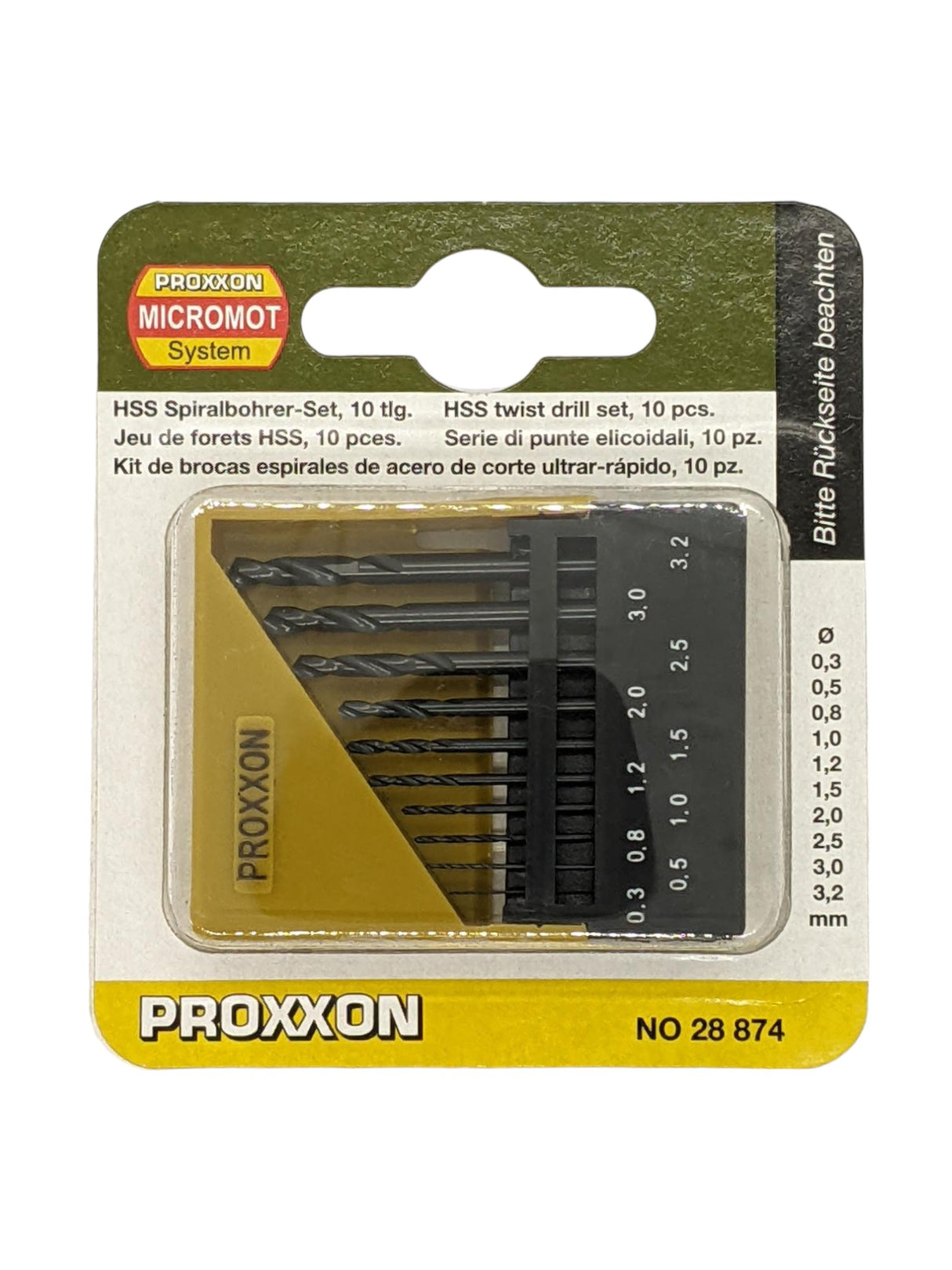 PROXXON 10-piece HSS drill bits set in labelled cassette, ideal for precise boring in metal and stainless steel