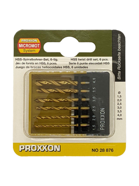 PROXXON 6-piece HSS drill bit set for precise and high-quality boring in wood, plastics, non-ferrous metal, steel, and stainless