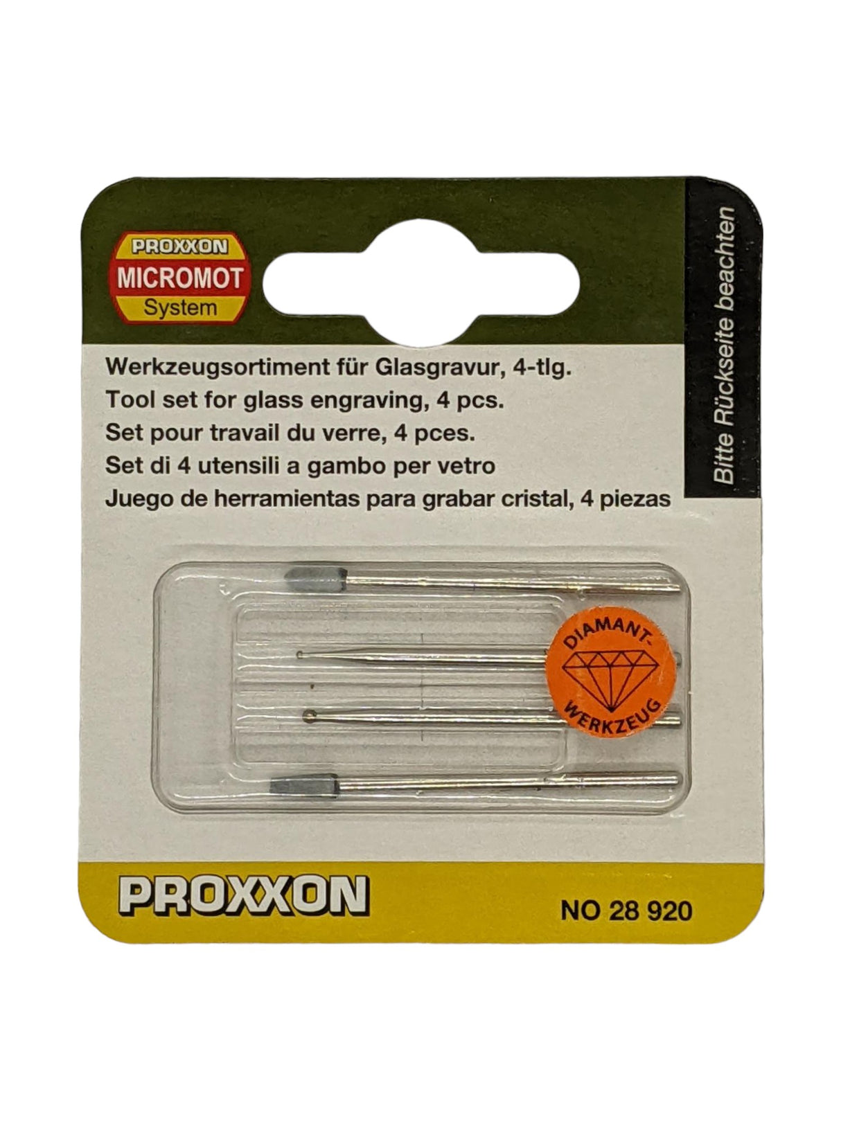 PROXXON 4-Piece Glass Working Bits Set for Rotary Tools, ideal for engraving, grinding, and frosting glass surfaces